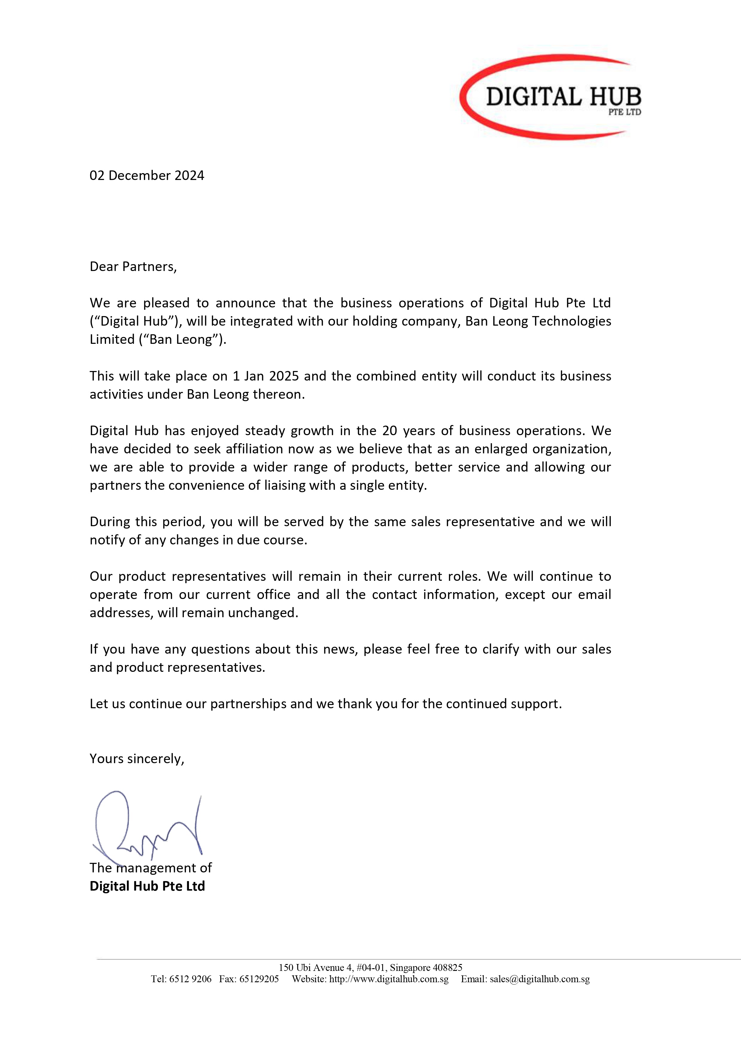 Ban Leong Technologies Limited and Digital Hub Business Integration